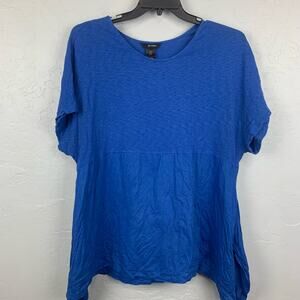 Ali Miles Top Shirt Women's 1X Blue Linen Short Sleeve Shark Bite Hem Lagenlook